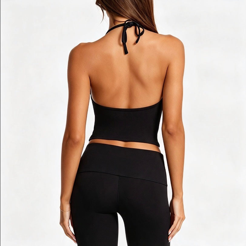 Halter Neck Yoga Set with Chest Pads & High-Waist Flared Trousers