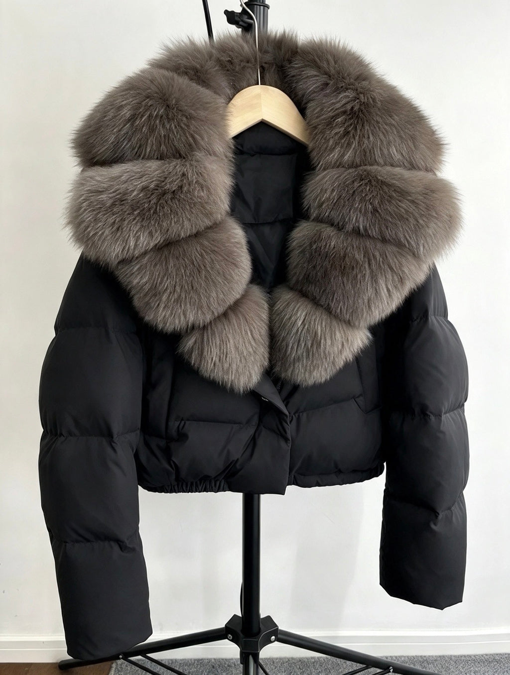 Short Padded Cotton Faux Fur Jacket