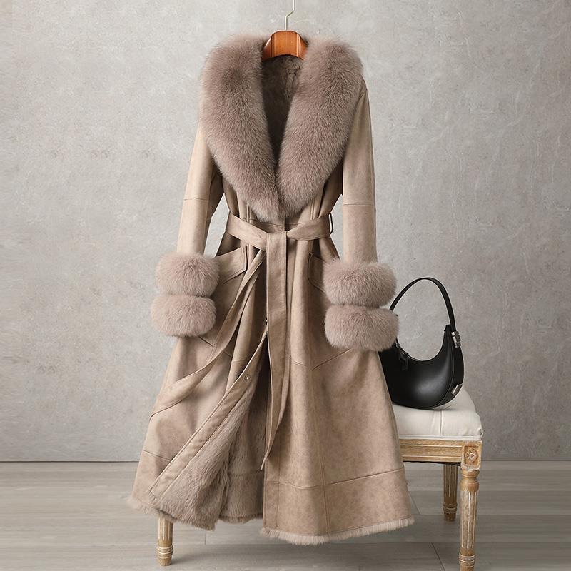 Full-Length Plush Faux Fur Coat with Fur Collar