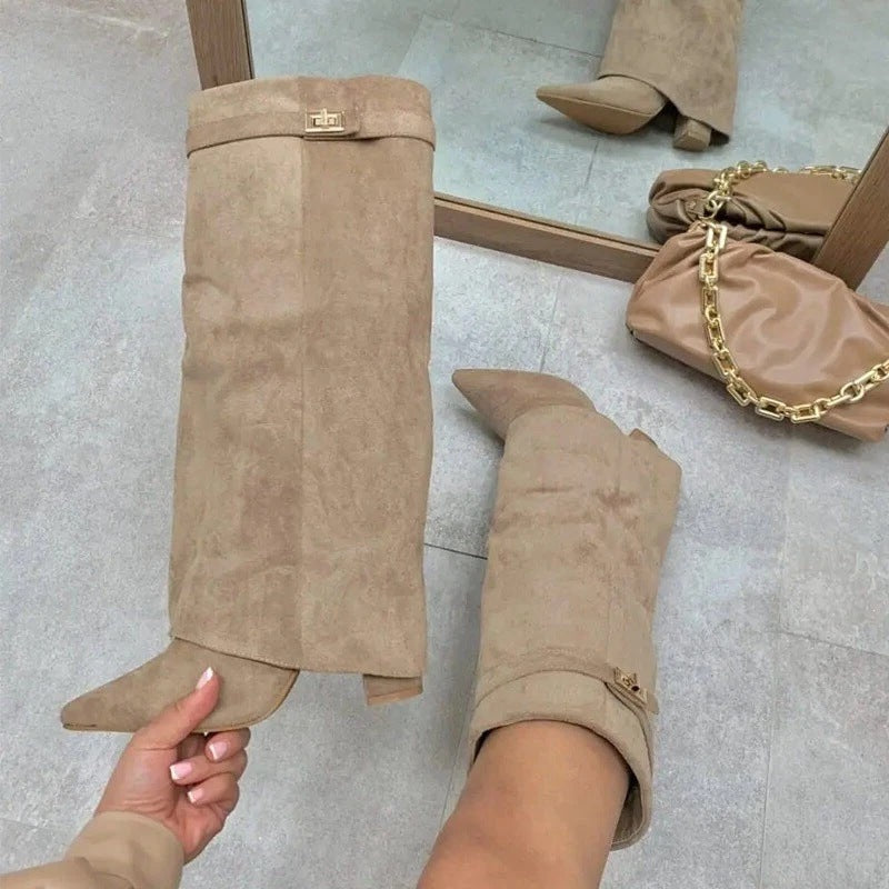Pointed Toe Knee-High Heel Boots