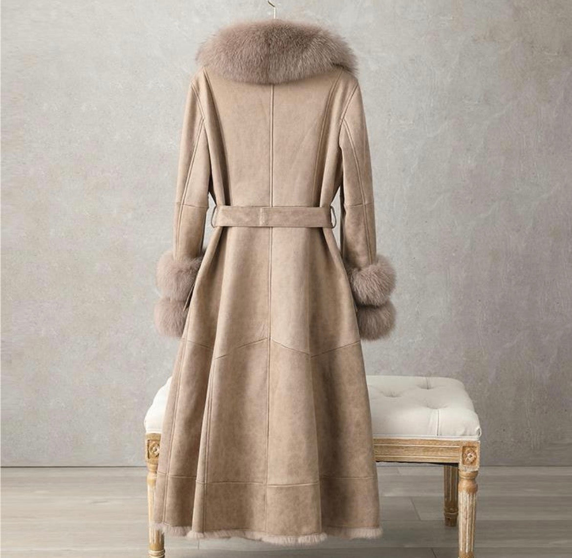 Full-Length Plush Faux Fur Coat with Fur Collar