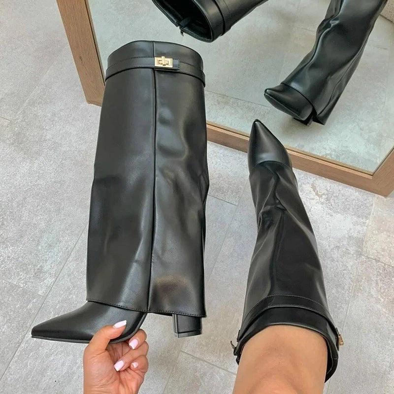 Pointed Toe Knee-High Heel Boots