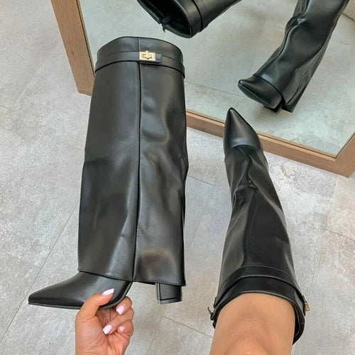 Pointed Toe Knee-High Heel Boots